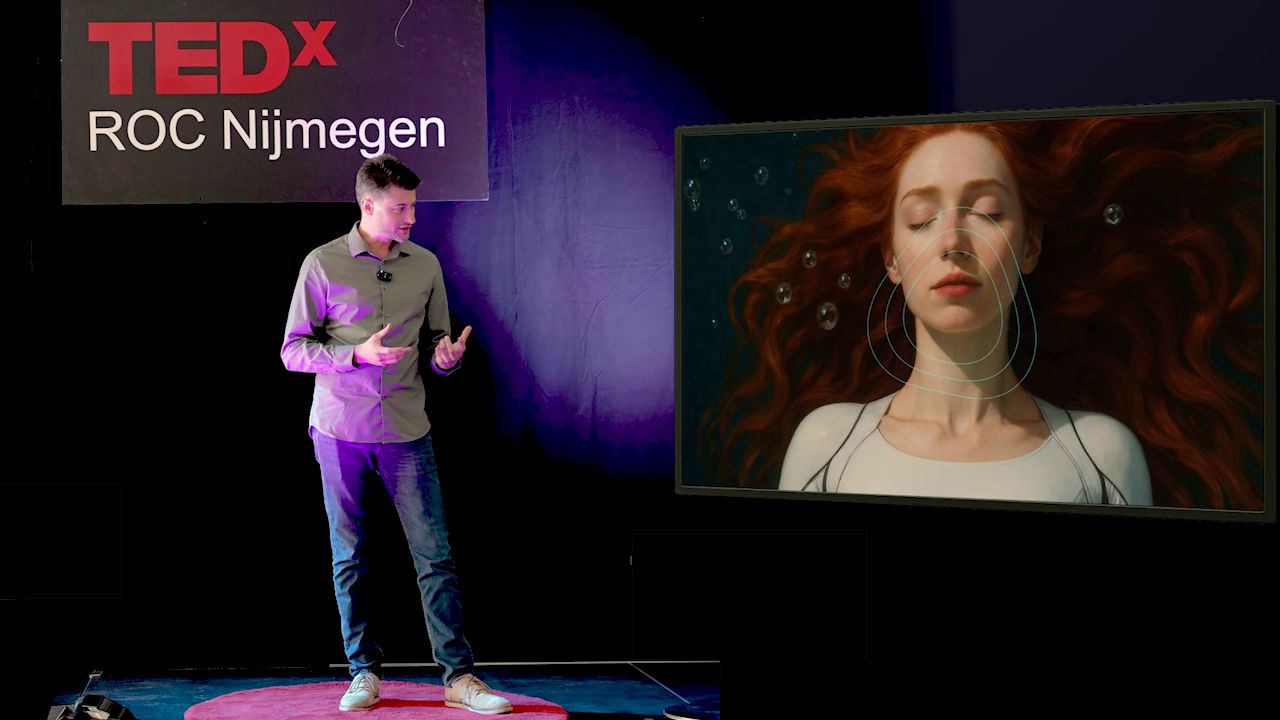 Jonathan IJzerman tijdens zijn TEDx-talk bij TEDxROC Nijmegen